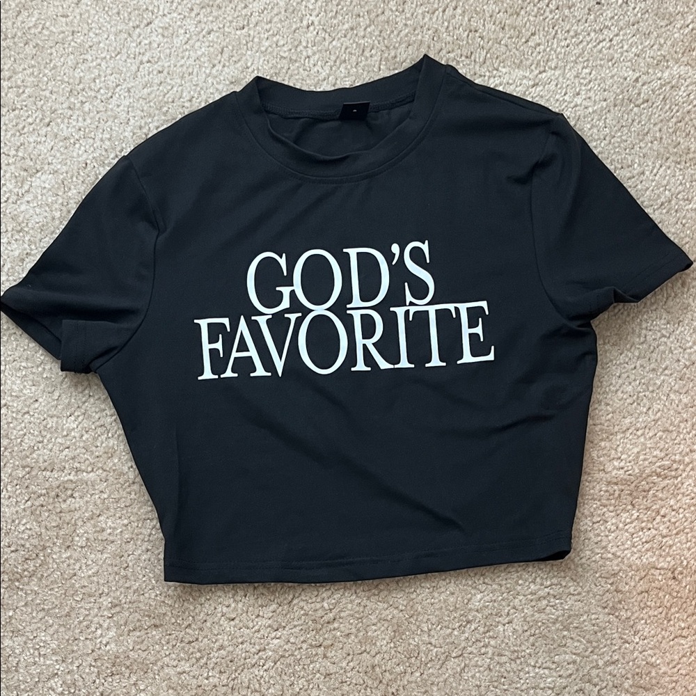 NEW SHEIN Women’s GOD’s FAVORITE Black Graphic Crop Top Size S